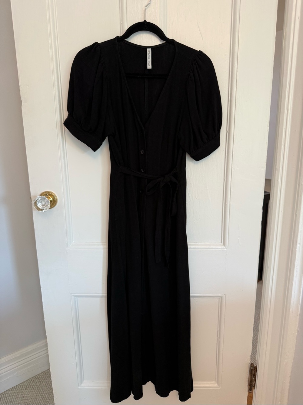Rachel Pally Black Puff-Sleeve Maxi Dress with Tie Waist